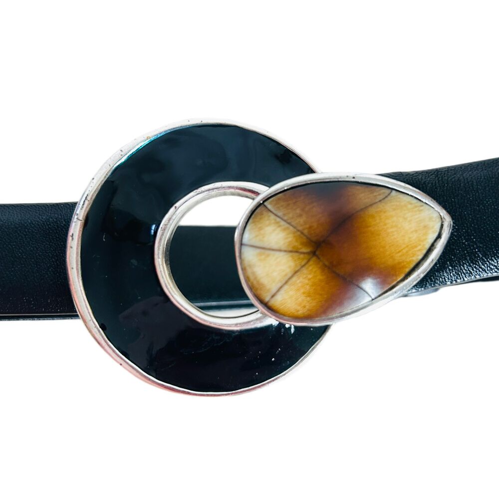 Chicos Modern Black Leather Belt Womens Size S/M Enamel Brown Faux Stone Buckle